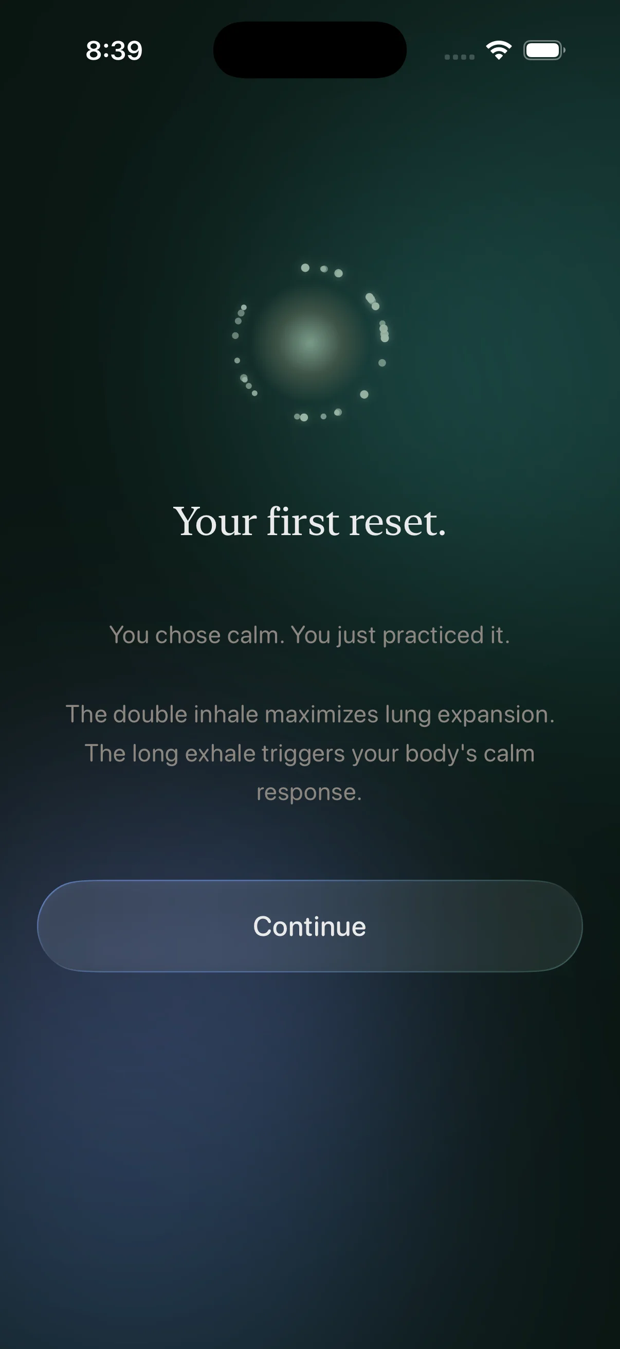 Tether end view with 'Your first reset' and heart rate prompt